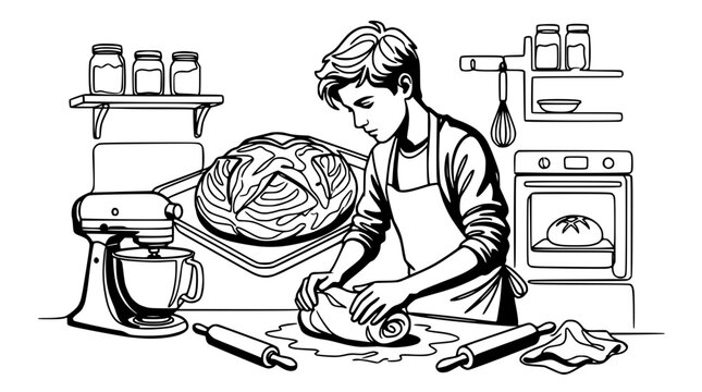 Young baker kneading dough, preparing bread in a kitchen with baking equipment.