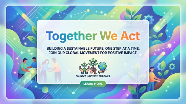 Vibrant sustainable future concept graphic featuring people collaborating and planting trees for a global movement to promote environmental awareness with promoting environmental sustainability