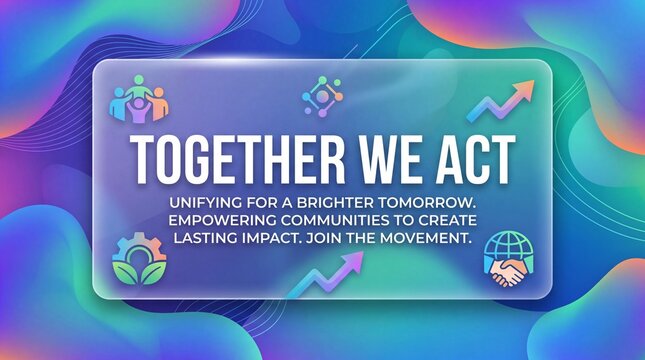 Community empowerment concept graphic featuring together we act text overlay on a vibrant abstract fluid background with collaborative icons for social impact initiatives