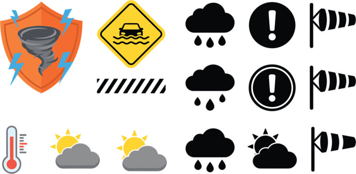 Severe weather and natural disaster warning icons vector set on white
