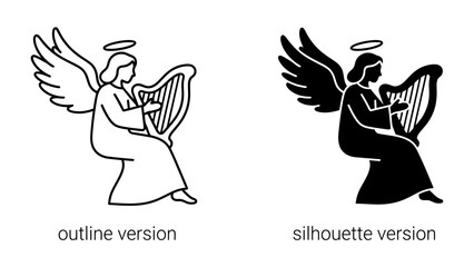 Naklejka premium Angel playing harp, line art and silhouette: A serene angel, depicted in both outline and silhouette versions, sits gracefully playing a harp, radiating a sense of peace and divine melody.
