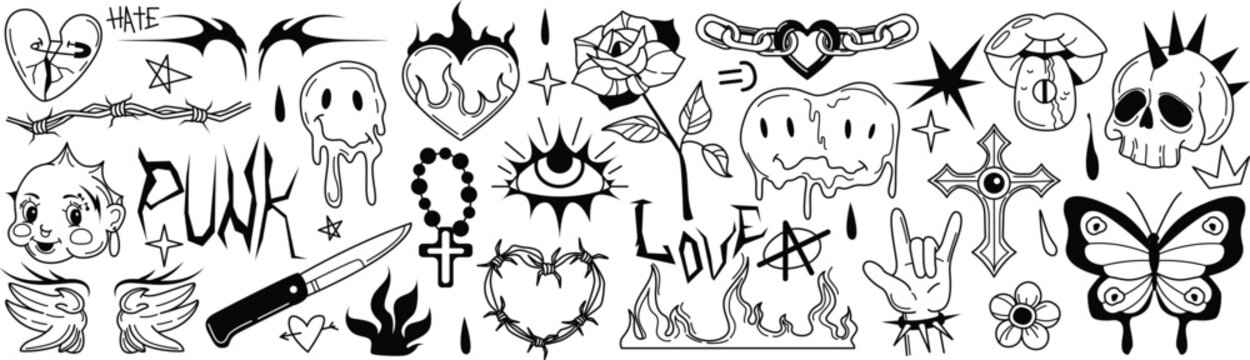 Punk rock old school tattoo flash set with skull hearts barbed wire and knife vector