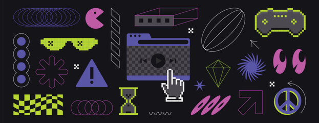 Retro futuristic y2k pixel art elements set with neon geometric shapes and gamepad illustration vector © mita