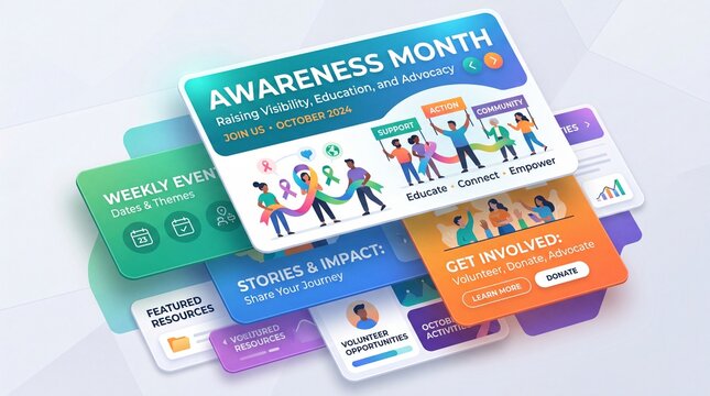 Awareness month digital campaign interface featuring diverse community engagement icons and call to action buttons for non profit advocacy