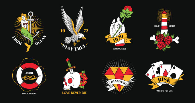 Set of traditional tattoo emblems with vintage mermaid eagle rose skull diamond and cards vector