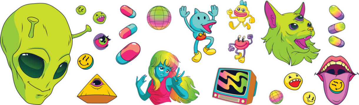 Trendy psychedelic seamless banner background with alien cat face mouth and melting smile vector