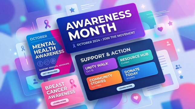 Digital awareness month dashboard featuring mental health and breast cancer support information and call to action buttons on a modern gradient background interface