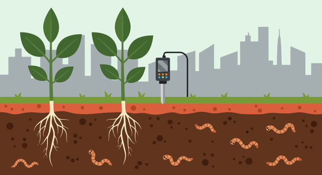 Soil moisture sensor testing plant roots and earthworms in city garden