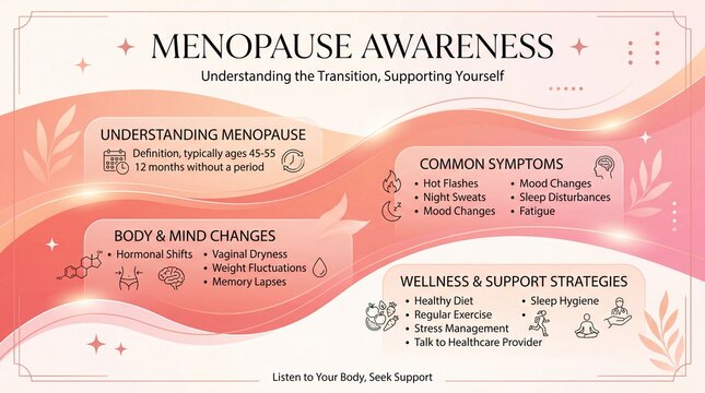 Menopause awareness informational infographic featuring health symptoms and wellness support strategies with soft pink wavy background design for women medical education