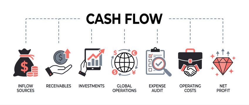 Cash flow infographic with business icons. Financial management and corporate growth chart.