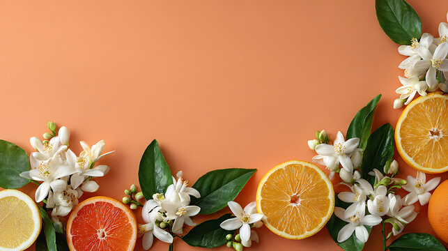 fresh citrus fruits with white blossoms arranged on a yellow background representing healthy food and natural fruit concept
