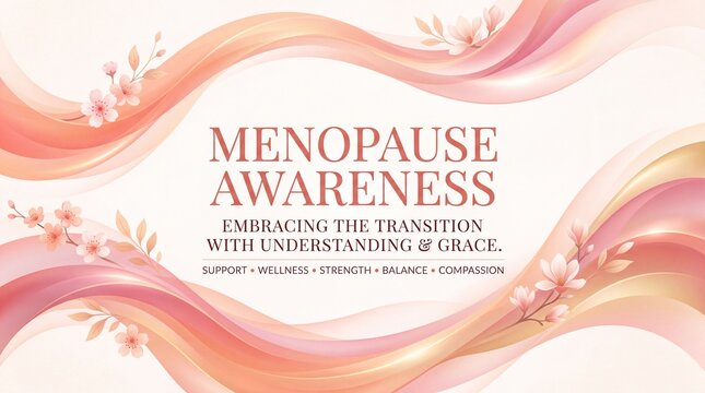 Elegant menopause awareness background featuring soft pastel flowing waves and delicate floral accents for health and wellness campaigns with supportive atmosphere menopause