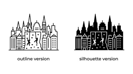 Fototapeta premium Urban Ascent: Two distinct depictions of a bustling city skyline, featuring adventurous individuals scaling the sides of skyscrapers, showcasing both a line-art and a silhouette style for versatility.