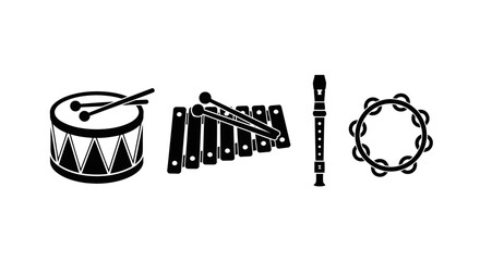 Black and white illustration of musical instruments with instruments drum xylophone illustration four xylophone flute tambourine percussion with rhythm © Smriti