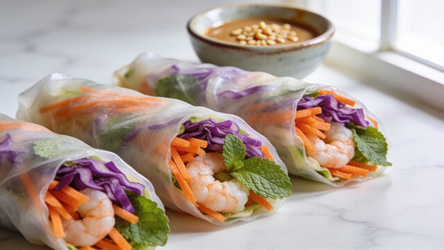 Close up of fresh Vietnamese spring rolls with colorful vegetables and peanut dipping sauce