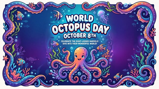 Vibrant underwater cartoon illustration celebrating world octopus day with colorful marine life with stylized underwater scene with friendly octopus surrounded, displays bright stylized