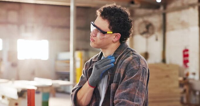 Carpentry, neck pain or man in warehouse with massage, muscle issue or fatigue in building project. Accident, overworked or carpenter with discomfort, cervical strain or labor injury in woodworking.