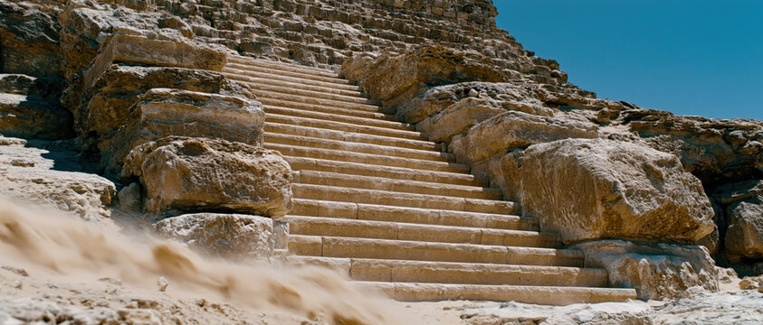 Ancient stone stair desert step rocky pyramid sandy ruin archaeological site historic monument blue sky low angle cinematic landscape ancient architecture