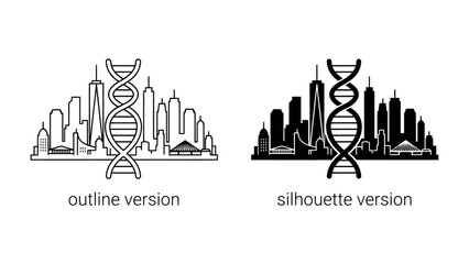 Obraz premium DNA Helix Skyline: A symbolic representation merging the iconic DNA double helix structure with a city skyline.
