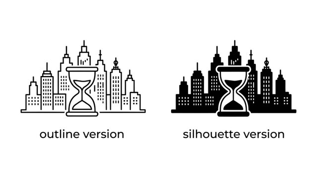 Time is Money: A conceptual graphic representation contrasting the outline and silhouette of a cityscape with an hourglass at its center.