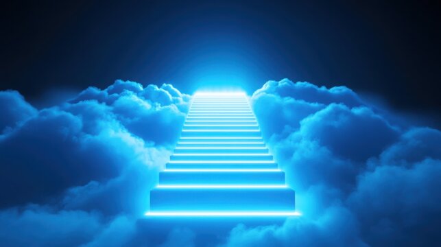 Stairway ascends through a thick blanket of soft blue clouds towards a bright light, symbolizing a spiritual journey or a path to enlightenment in a serene and ethereal atmosphere.