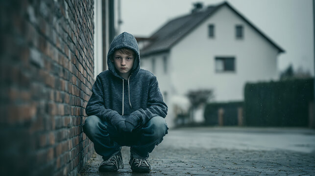 isolated young boy wearing a hoodie sitting on a sidewalk representing loneliness sadness and social issues concept photography