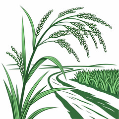 Fototapeta premium A detailed of a rice plant with grain stalks growing near a field, depicted in a green and white style