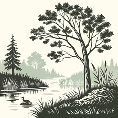 A detailed black and white of a serene river landscape with a heron in the water, a large tree, and a beaver dam on the riverbank