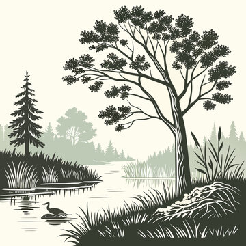 A detailed black and white of a serene river landscape with a heron in the water, a large tree, and a beaver dam on the riverbank