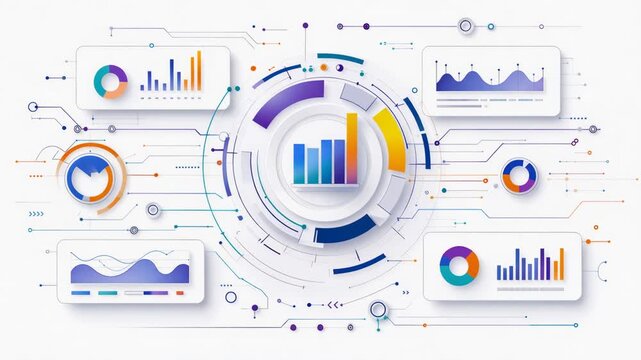 Abstract digital interface with colorful data charts and graphs