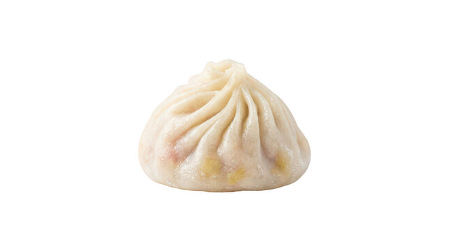 One fresh steamed soup dumpling or xiao long bao with delicate pleats isolated on clean transparent background.