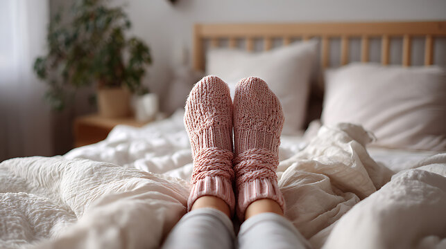 cozy feet wearing gray wool socks resting on a soft white bed representing comfort relaxation and winter home lifestyle