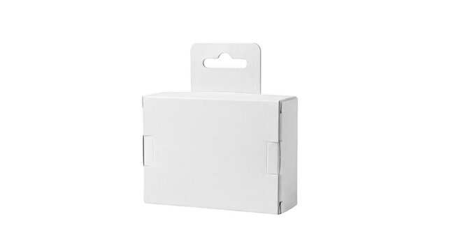 Small white cardboard box with hang tab packaging mockup, perfect for showcasing product branding and design.