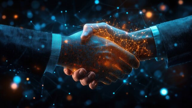 Handshake connecting a human hand with a glowing digital robotic interface represents the successful partnership between technology and human workforce in global industries.