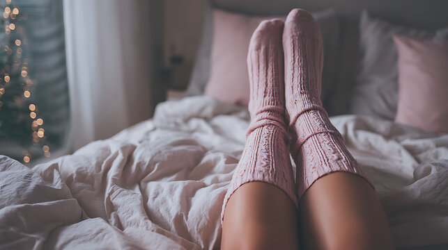 close up of feet wearing gray wool socks on a soft bed representing relaxation comfort and cozy winter home lifestyle