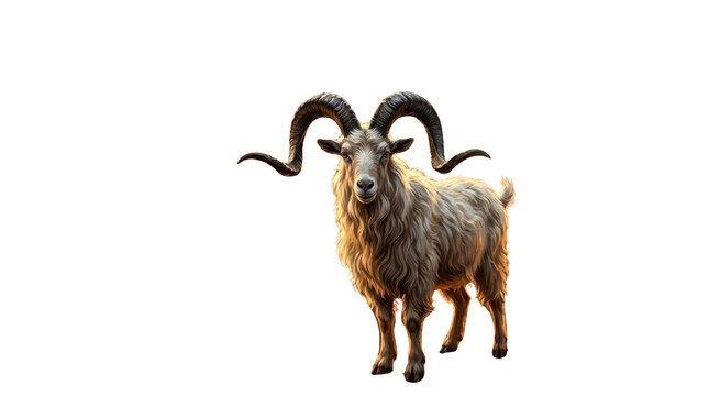 Majestic wild mountain goat with impressive curled horns standing gracefully, detailed artistic rendering, full body isolated.