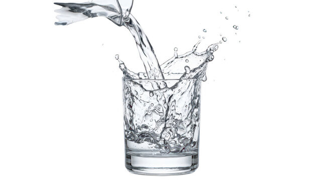 Crystal clear water pouring into glass with dramatic splash and bubbles isolated on transparent background for beverage promotions.