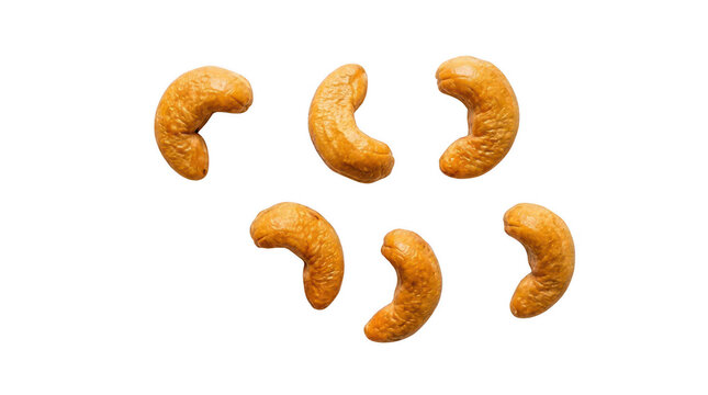 Group of six roasted cashew nuts, golden brown and crunchy, healthy snack food, protein rich, isolated on transparent background.