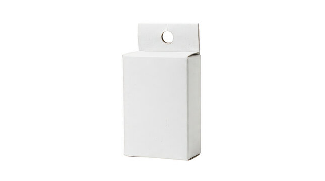 Simple white cardboard box with hanging tab and hole for display on transparent background isolated product packaging retail blank packaging.