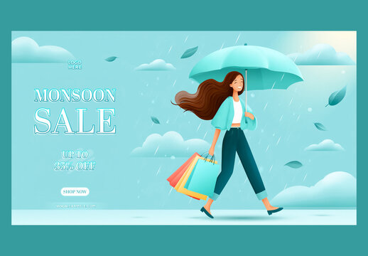 Editable Monsoon Sale TV Ads Banner Design with Up to 35 Percent Off and Illustration of Young Girl Holding Shopping Bags Under Umbrella in Rain.