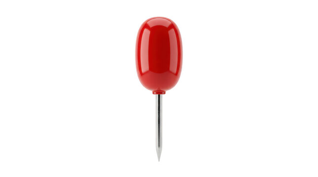Red push pin on a transparent background, office supply for notice boards or craft projects, glossy and vibrant.