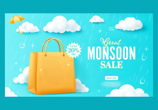 Editable Great Monsoon Sale TV Ads Banner Design with Up to 20 Percent Off Label, Umbrella, Carry Bag and Clouds on Rainfall Cyan Background.