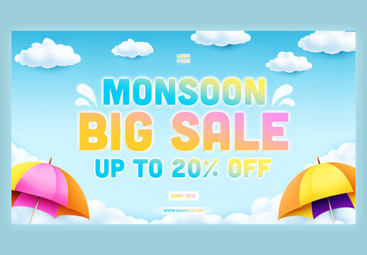 Editable Monsoon Big Sale TV Ads Banner Design with Up to 20 Percent Off and Colorful Umbrellas and Clouds on Gradient Blue Background.