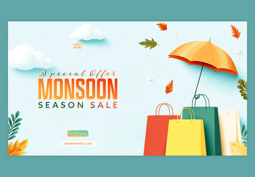 Editable Monsoon Season Sale TV Ads Banner Design with Colorful Shopping Bags and Umbrella on Pastel Background.