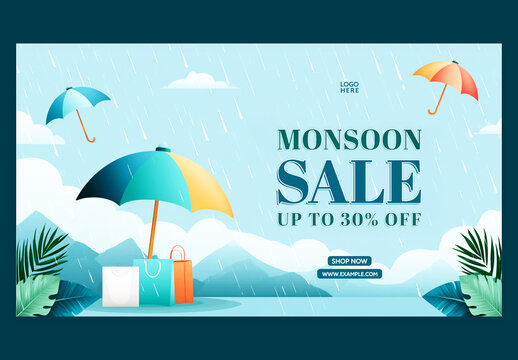 Editable Monsoon Sale TV Ads Banner Design with Up to 30 Percent Off, Shopping Bags and Umbrellas on Rainfall Blue Background.