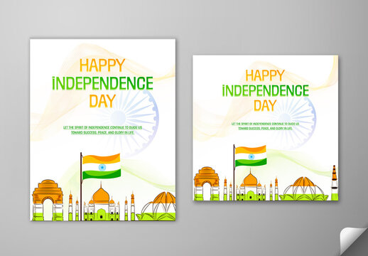 Editable Happy Independence Day Social Media Greeting Post Template Set with Waving Indian Flag, Ashoka Wheel Background and Tricolor India Famous Monuments for 15th August Celebration.