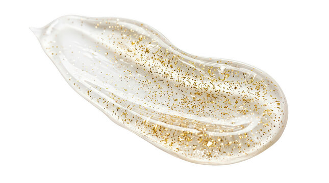 Clear cosmetic gel texture with golden glitter on transparent background swatch for skincare or makeup product.