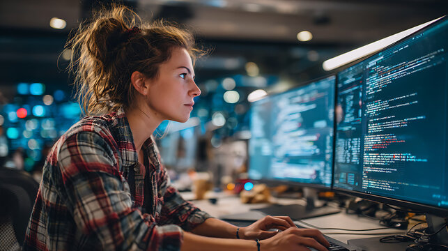 female software developer working intently on computer code displayed on dual monitors in a busy modern startup office