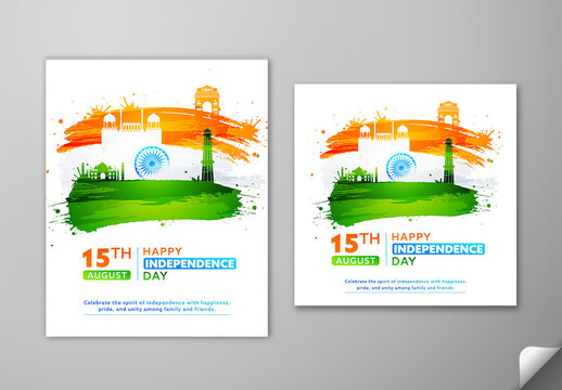 Editable Happy Independence Day Social Media Greeting Post Template Set with Indian Tricolor Brush Stroke, Ashoka Wheel and India Famous Monuments on White Background for for 15th August Celebration.