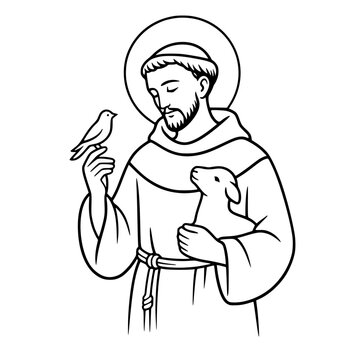 Line art of Saint Francis of Assisi with a bird and lamb, isolated on a transparent background. Perfect for coloring.